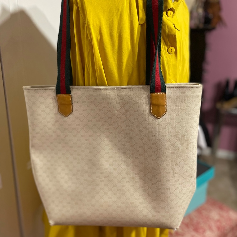 Gucci Cream Tote with Black and Red Straps